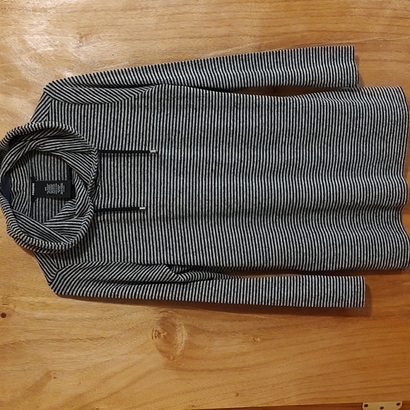 Premise Tops - Premise Womens Cozy Hooded Tunic Top Black and Gray Striped Long Sleeve Size S
